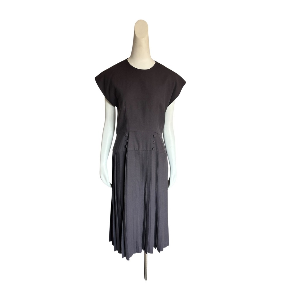 Vintage‎ 50s Style Pleated Dress Open Back Fit and Flare Button Accent Dark Gray